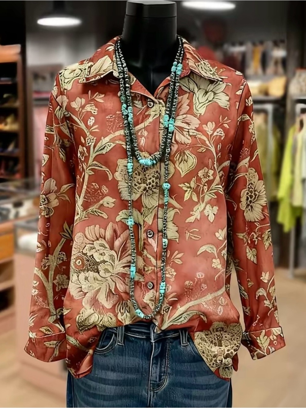 Cherry Betty Floral  Button-Up Blouse in Rust NWOT